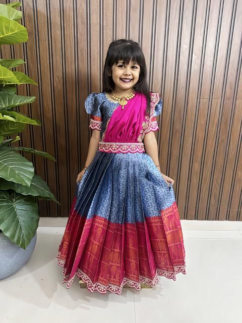 kids gown kanjivaram silk Blue Kids ethnic wear supplier Gujarat